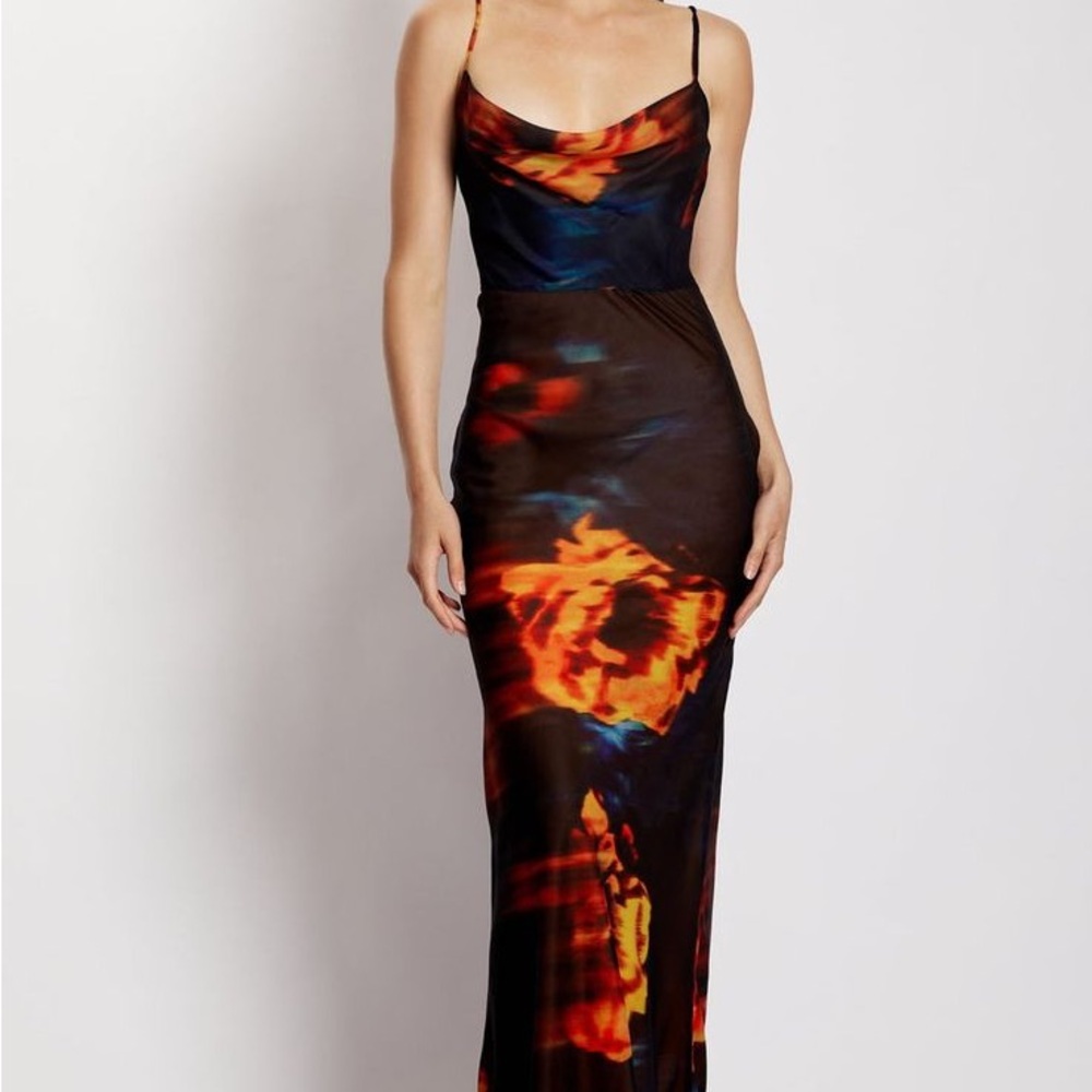 Meshki Orange Red Bodycon Maxi Dress Spaghetti Strap
